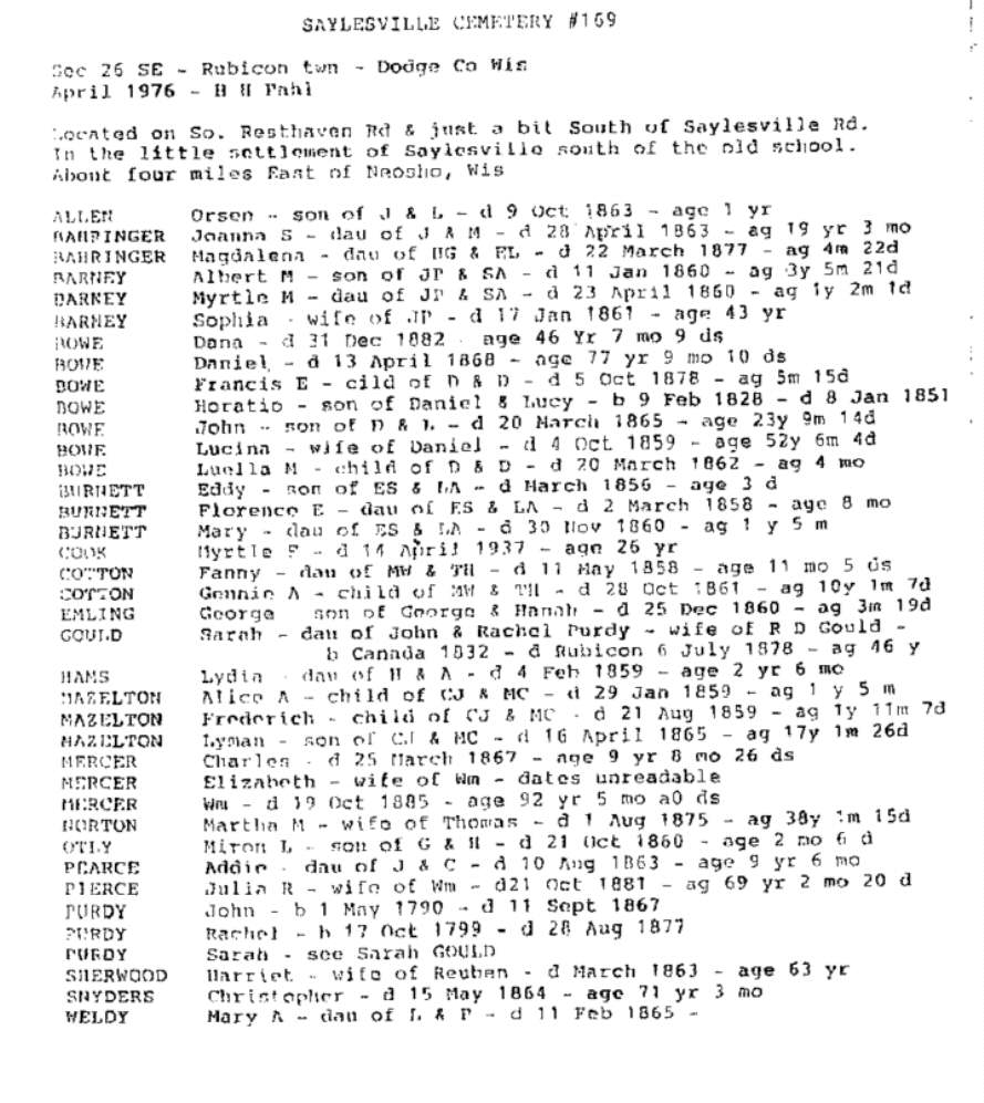 Saylesville Cemetery burial listing